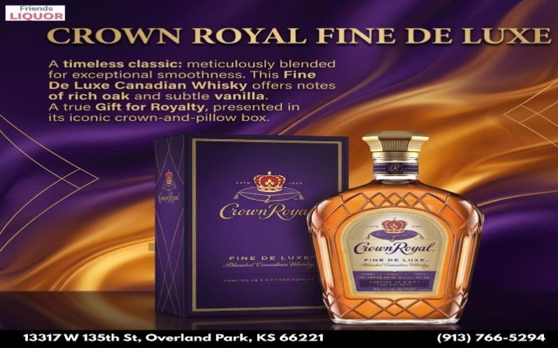 Crown Royal whiskey bottle available at Friends Liquor store